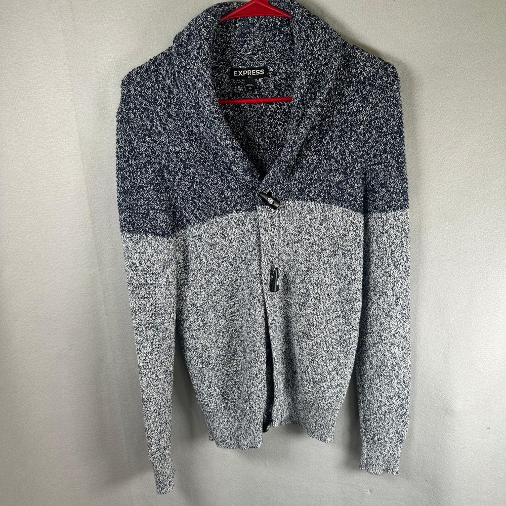 Express Men 100% Cotton Sweater XS Blue Gray Colorblock Toggle Shawl Collar